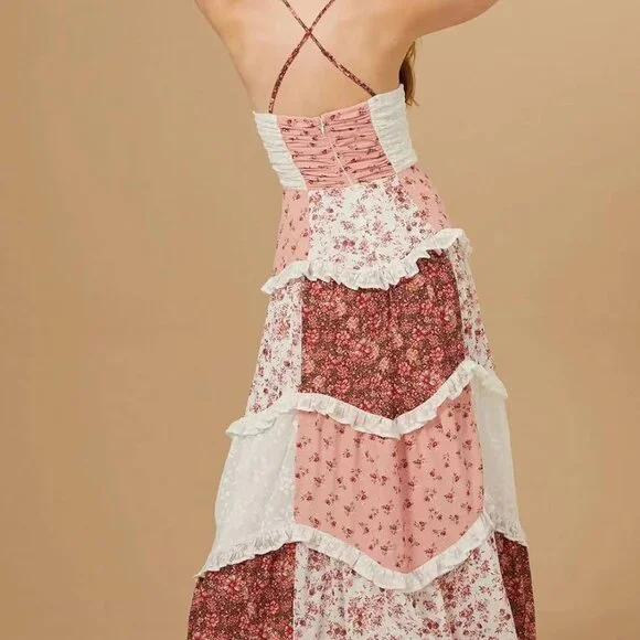 Womens Floral Maxi Dress Polyester Spaghetti Strap Backless Tiered Boho - Picture 2 of 4